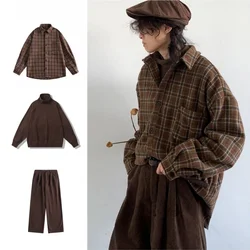 Retro Plaid Woolen Shirt Set Autumn Winter Thickened Loose Unisex Hong Kong Style Coat Youth Trend Polyester Fiber Long Sleeve