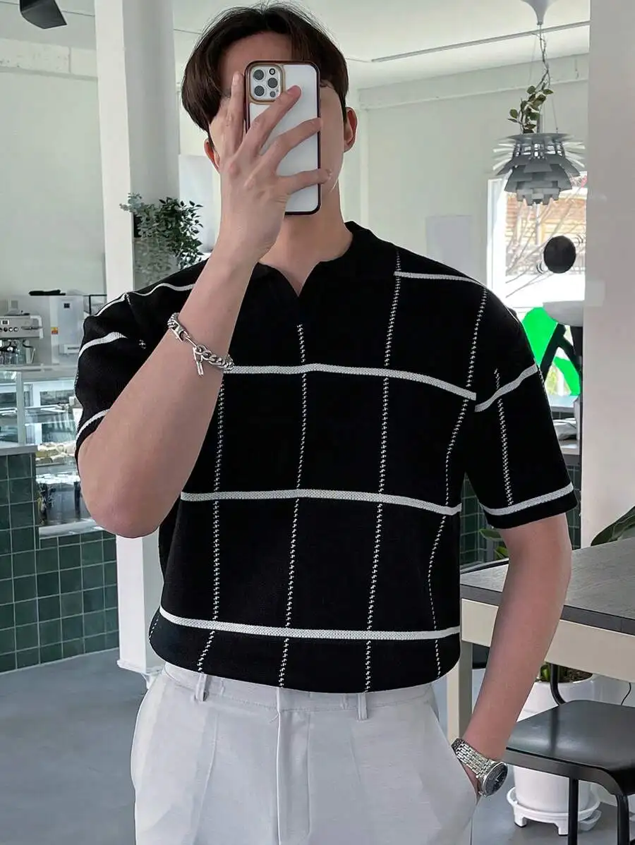 Men's Black & White Grid Knit Short Sleeve Polo Shirt, Casual Business Style