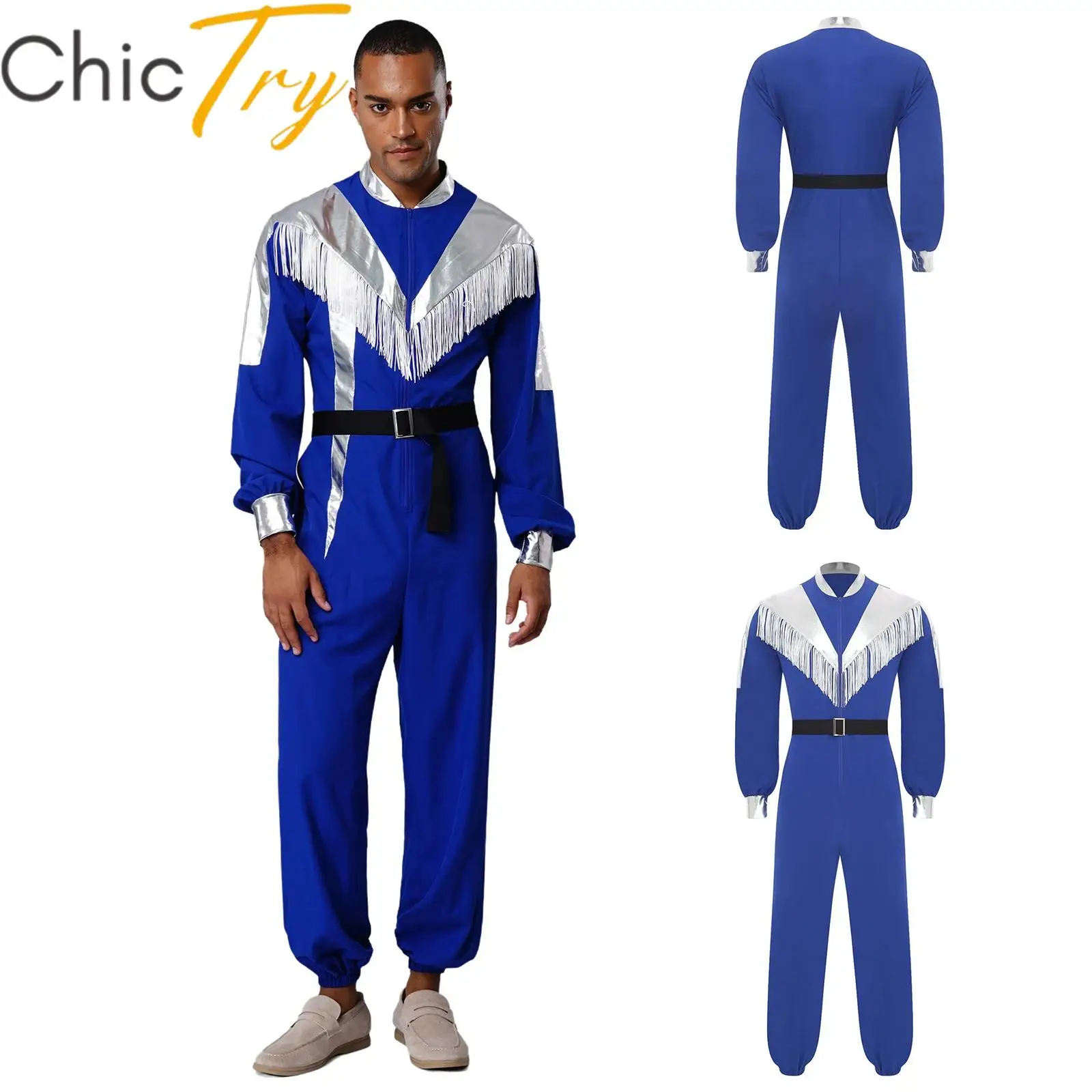 

Mens Halloween Astronaut Jumpsuit Space Cowboy Costume Adult Long Sleeve Color Block Metallic Patchwork Tassels Belt for Party