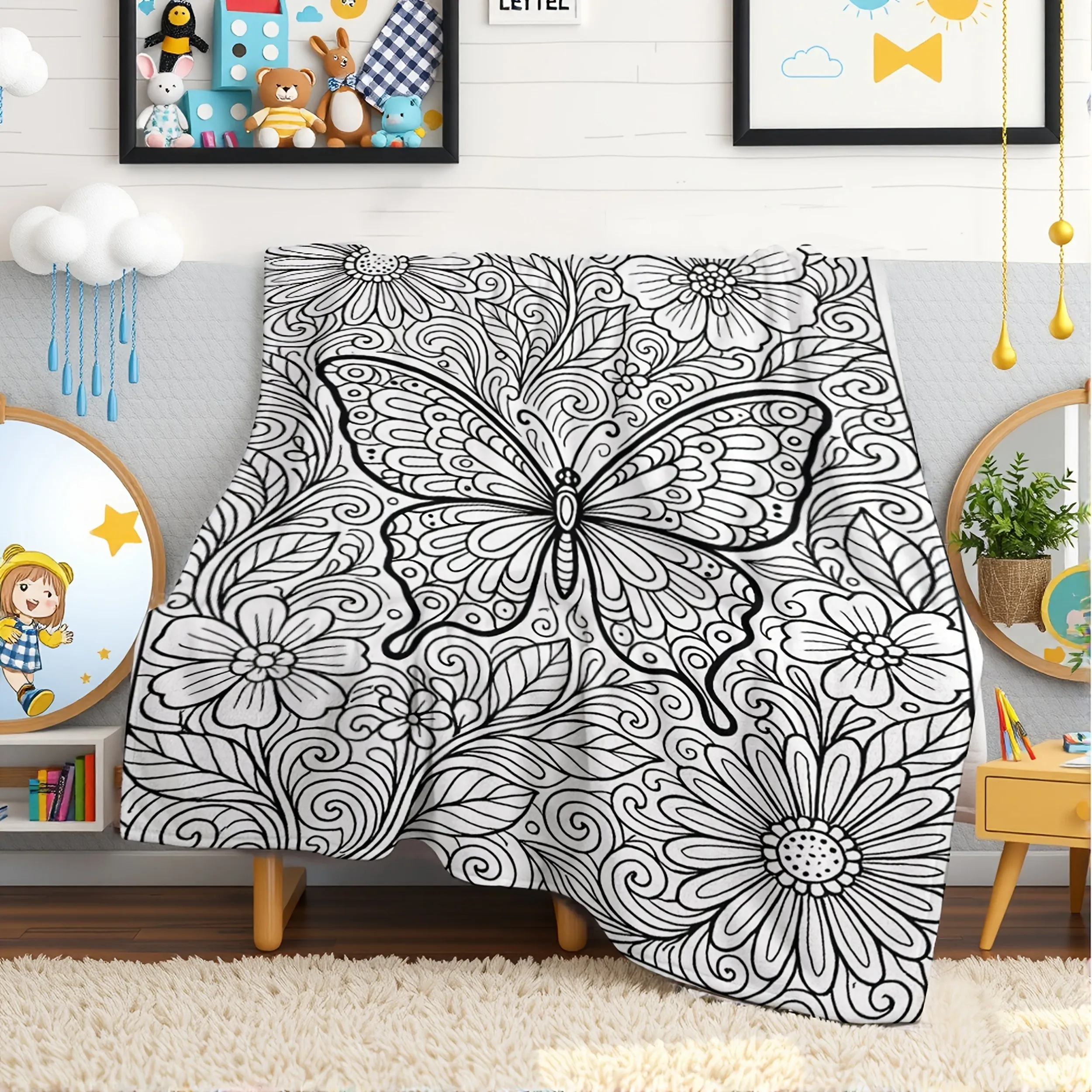 Line Art Butterfly Floral Flannel Throw Blanket, Doodle Flower Leaf Soft Warm Blanket for Sofa Bed Home Decor Gift Ideas Now