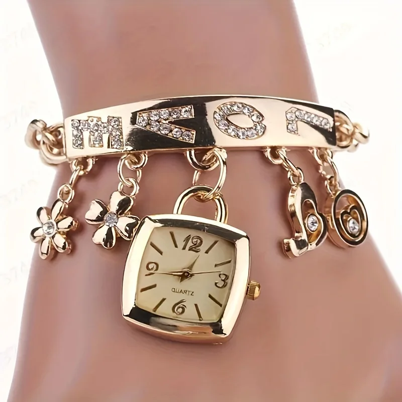 

Women's Bracelet Watch LOVE Alphabet Alloy Quartz Watch Flower Decor Tonneau DressLadies Exquisite Casual Watch Gifts For Eid