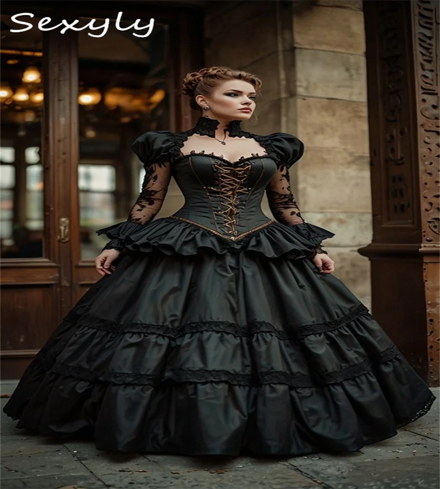 Black Gothic Wedding Dress Bustle 2025 Victorian Medieval Bridal Gow Long Sleeve Castle Country Bride Steampunk Customized