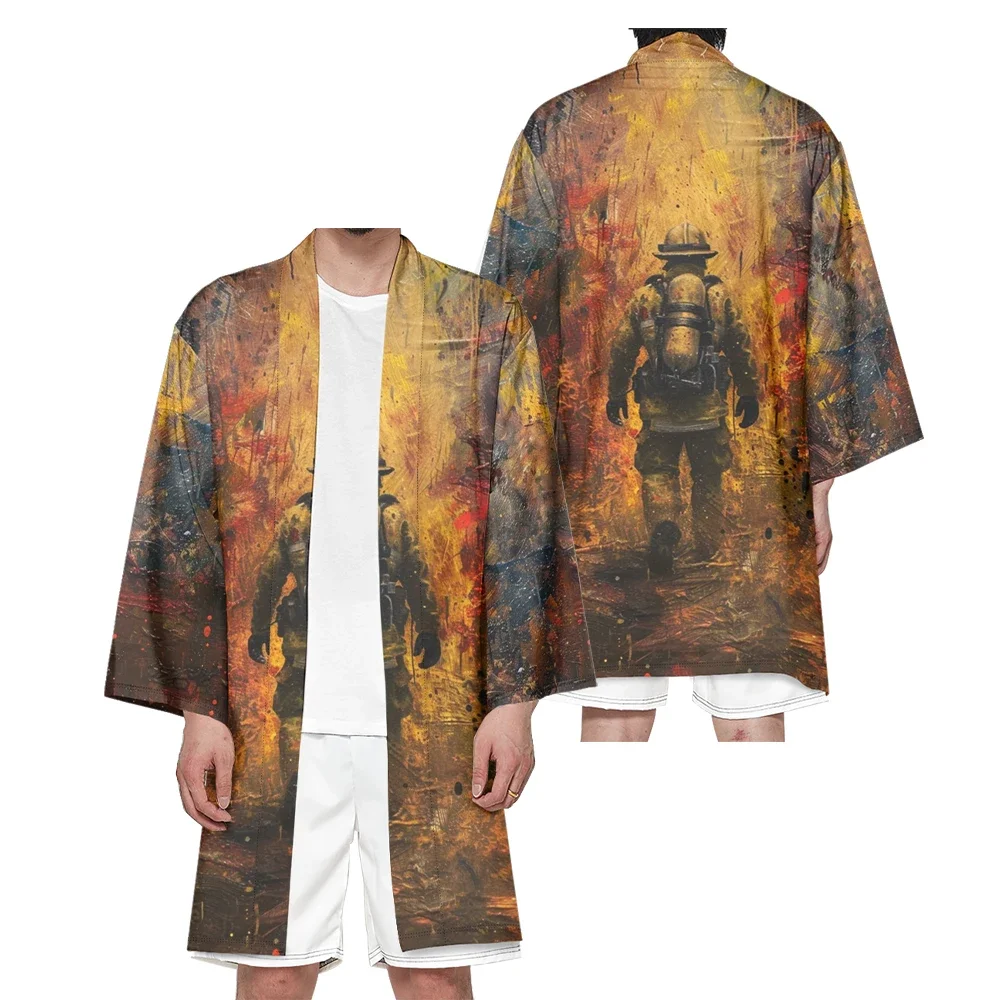 Autumn Samurai Kimono Cosplay Japanese Fashion Long Kimono Astronauts Print Haori Funny Cardigan Hip Hop Yukata Unisex Kimonos