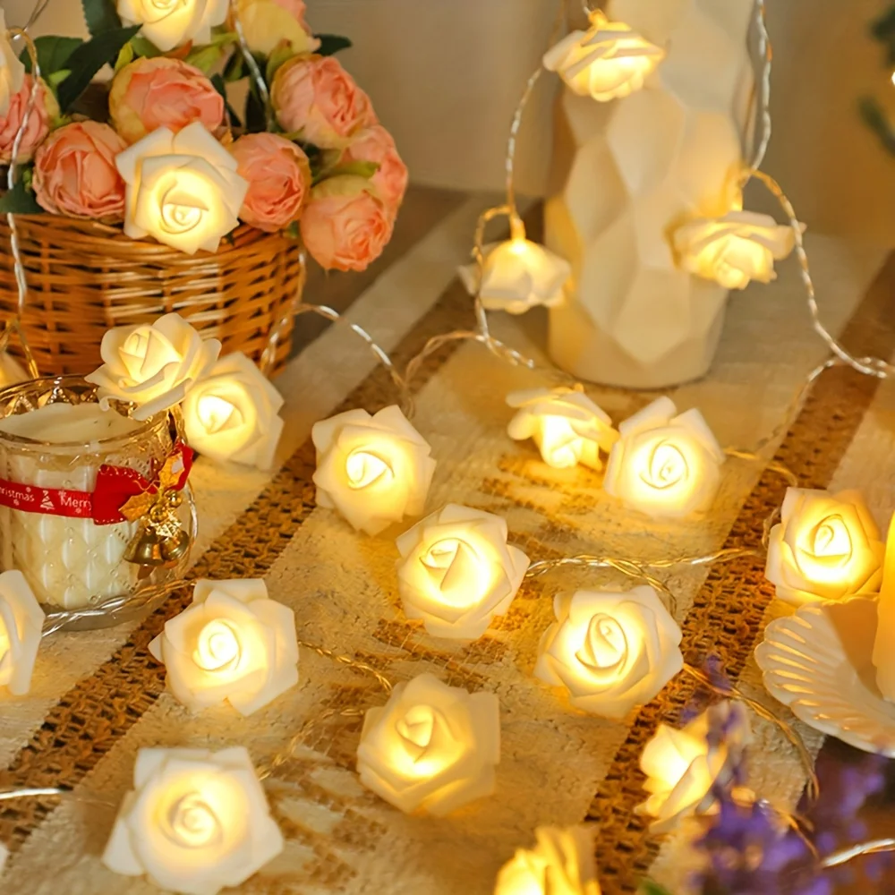 1 x künstliche weiße Rosen-Lichterkette, batteriebetrieben (exkl), Dekor für Hochzeitsantrag im Schlafzimmer, Valentinstagsgeschenk