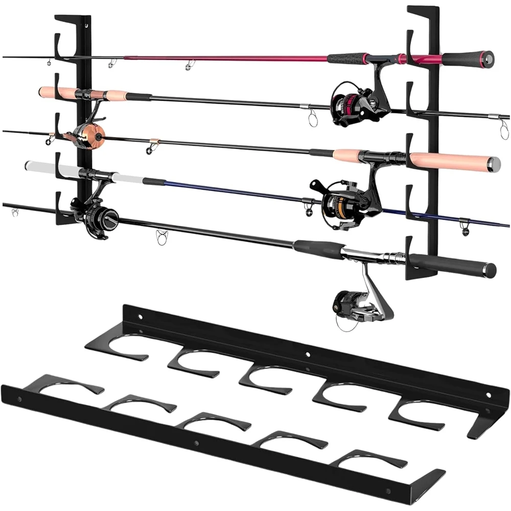 Wall Mount Fishing Rod Holders, Horizontal and Ceiling Pole Storage Rack, Iron Stand, Storage Stands for 5 Rods