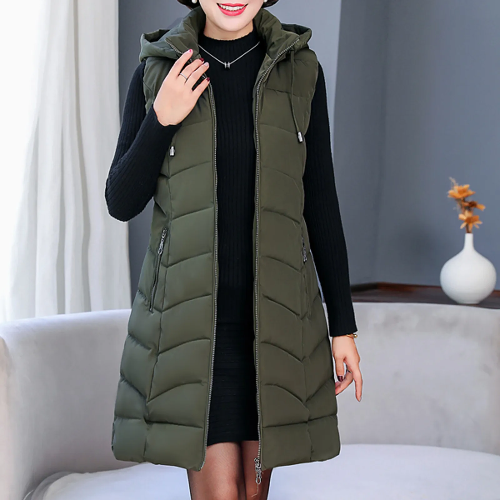 Cappotto lungo invernale senza maniche con cerniera calda con tasche con cappuccio Gilet da esterno Piumino Parka con cerniera tinta unita allentato da donna