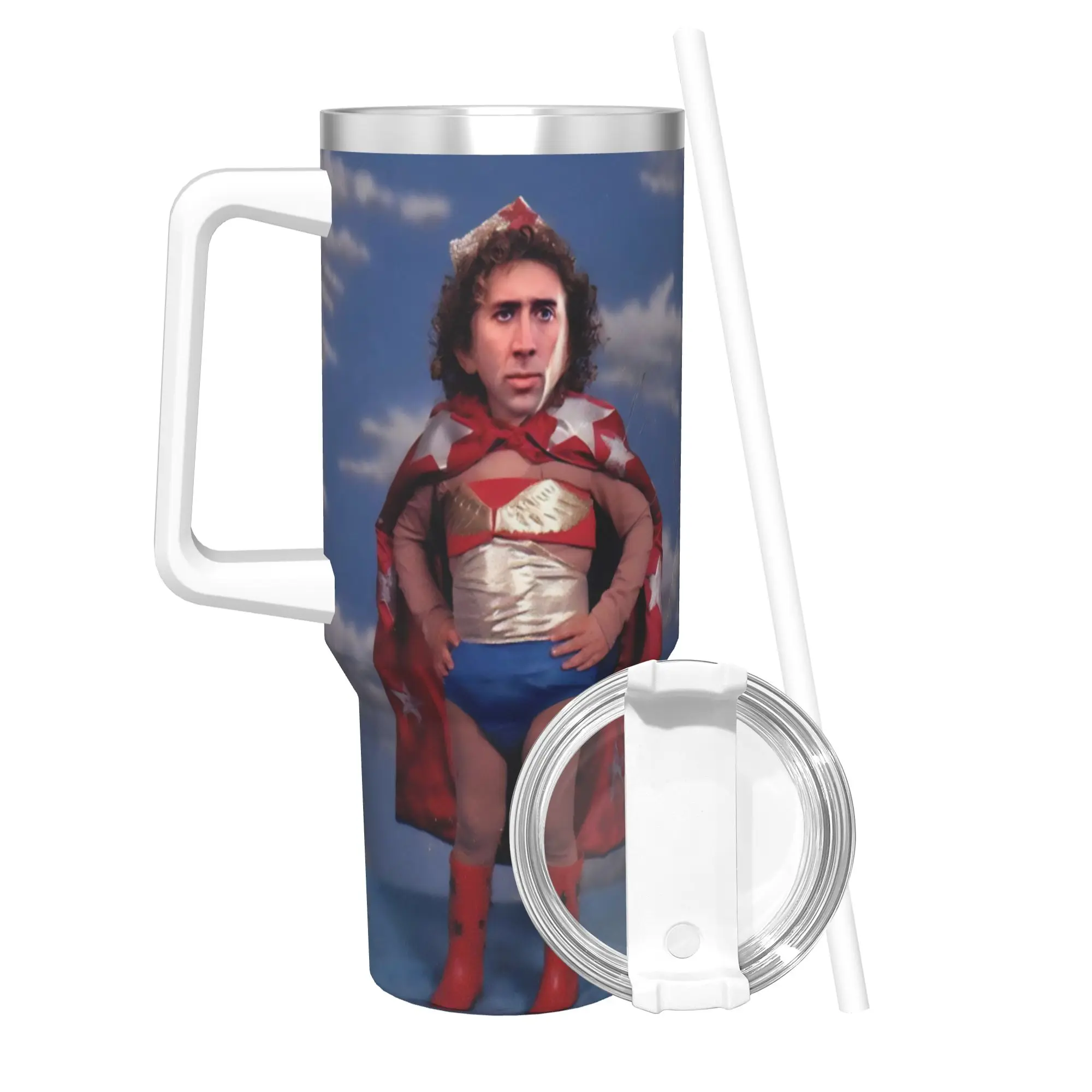 Nicolas Cage Tumbler With Straw  Stainless Steel Travel Mugs Double Wall Vacuum Insulated for Cold Or Hot 40oz