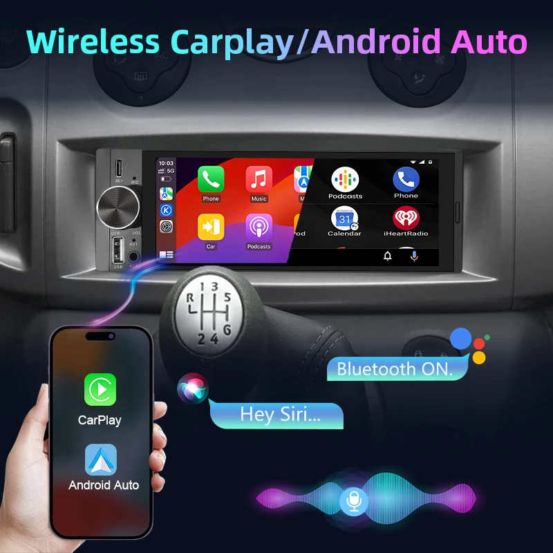Junsun 1DIN Universal Car Stereo 6.26 Inch IPS Touch Screen Wireless Apple CarPlay Android Auto MP5 Multimedia Player Bluetooth FM Radio USB AUX Mirror Link Steering Wheel Control Rear View Camera Audio Video Receiver