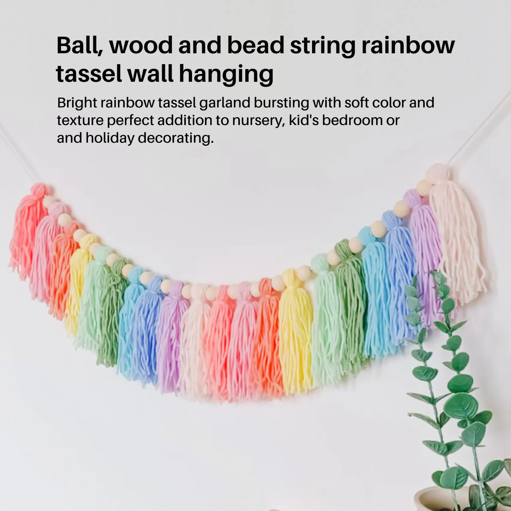 AA05 37Inch Pastel Rainbow Tassel Garland with Wood Bead Colorful Tapestry for Bedroom Wall Classroom Nursery Party Decor