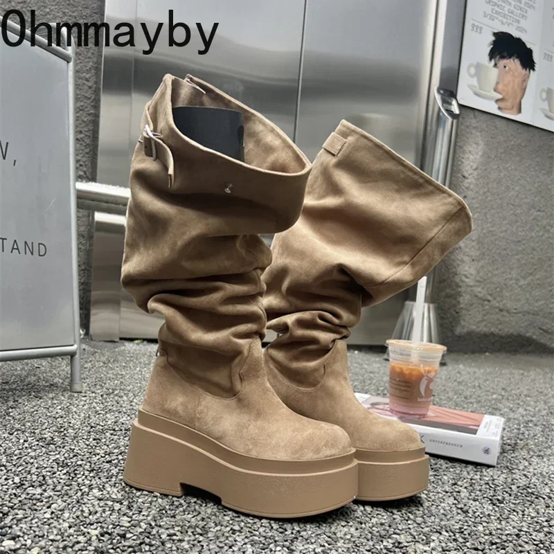 Winter Platform Women Knee-High Boots Fashion Slip On Long Booties Street Style Female Elegant High Heels Shoes