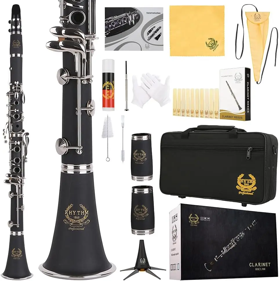 

Bb Clarinet with Nickel Keys, Case, Stand, Reeds & Cleaning Kit for Beginners - Black/Silver