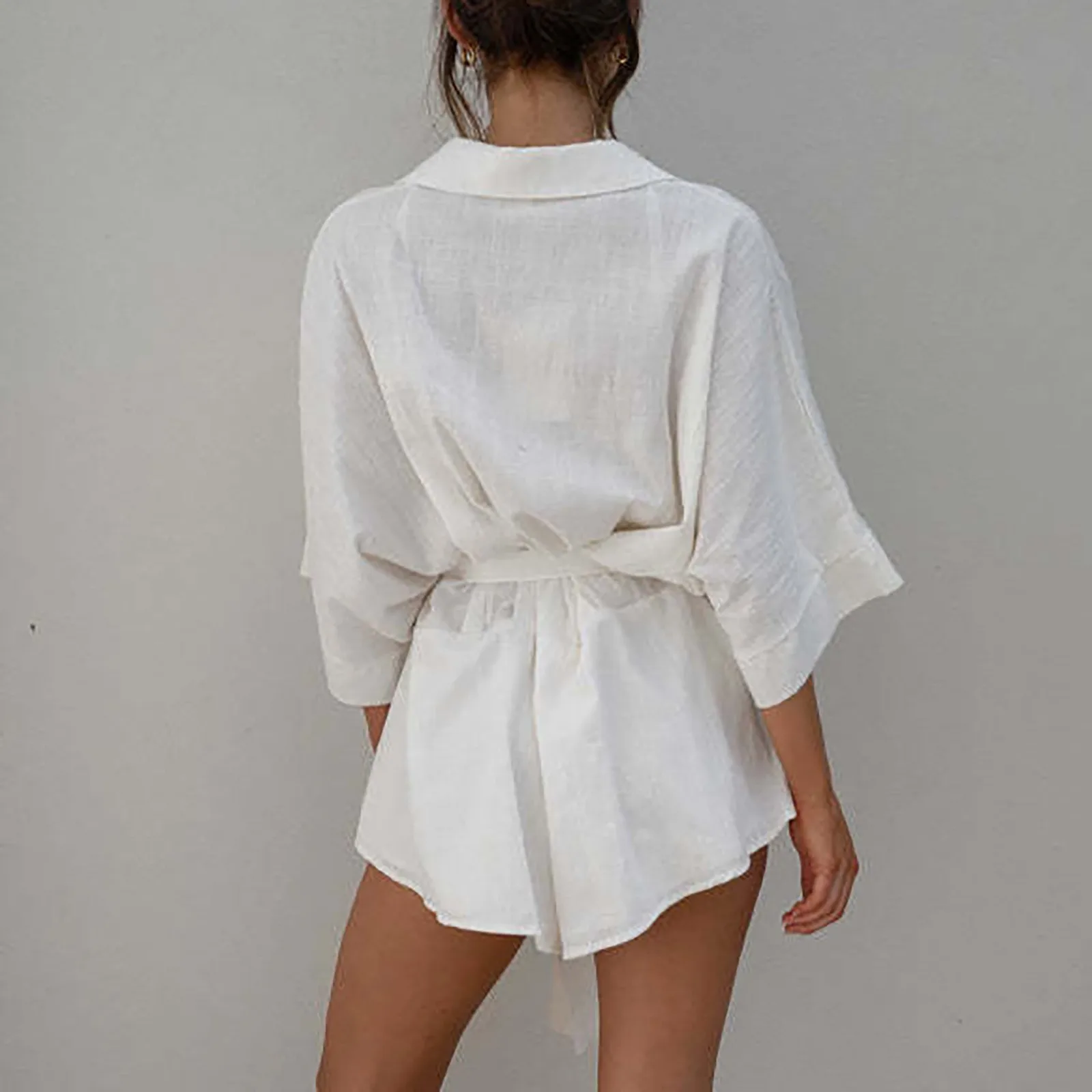 Summer Fashion White Loose Lace-up Overalls Women's Stylish Middle Sleeve Short Jumpsuits Female Holiday Beach Style Playsuits