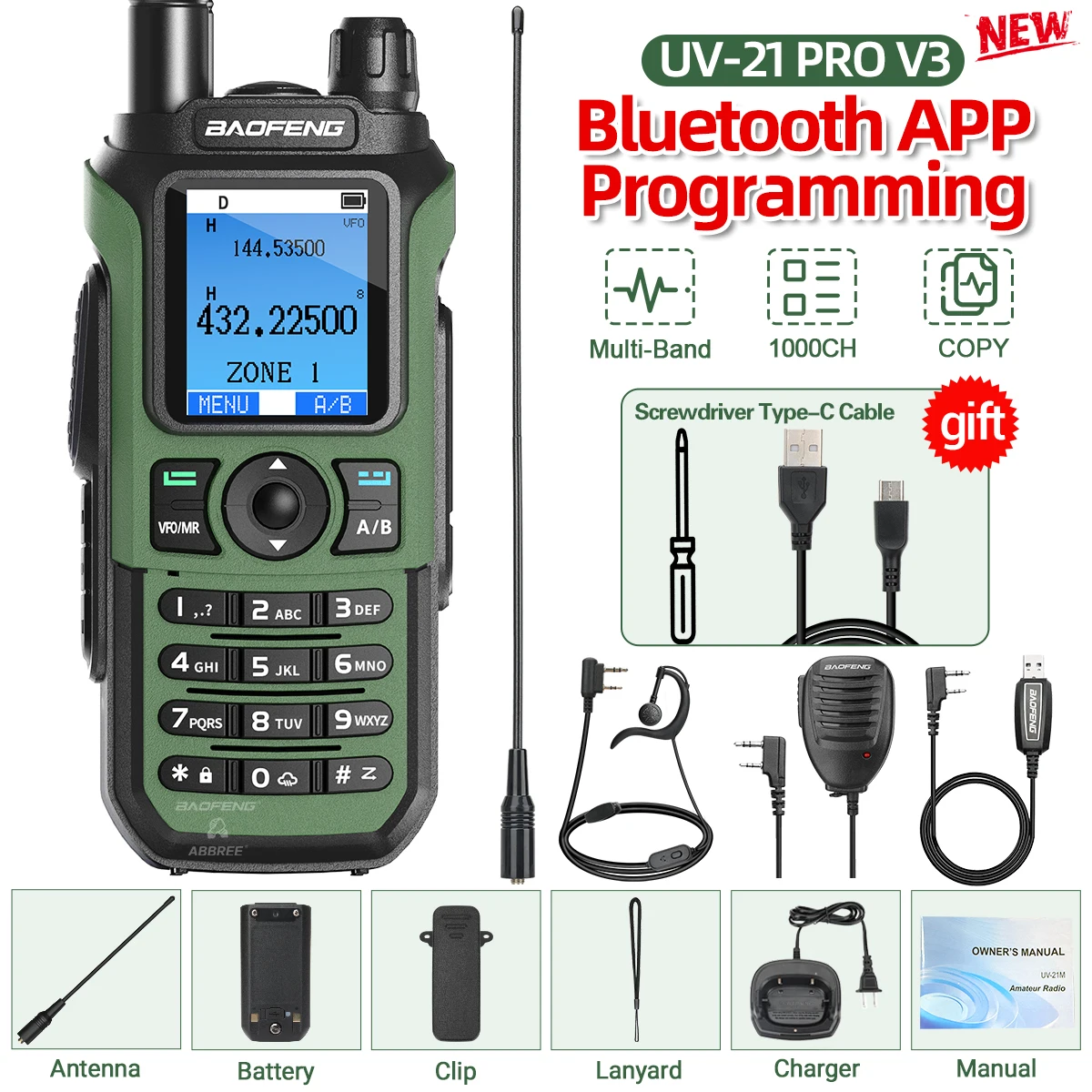 Baofeng UV-21 PRO Air Band Walkie Talkie Lange afstand Bluetooth Programmering 1000CH AM FM NOAA VOX Type-C Oplader V3 Tweerichtingsradio