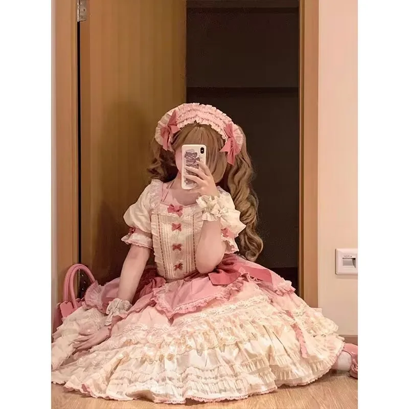 原宿系ドーパミンロリータプリンセスパフスリーブボウコスコミックショーキュートY2Kケーキドレス