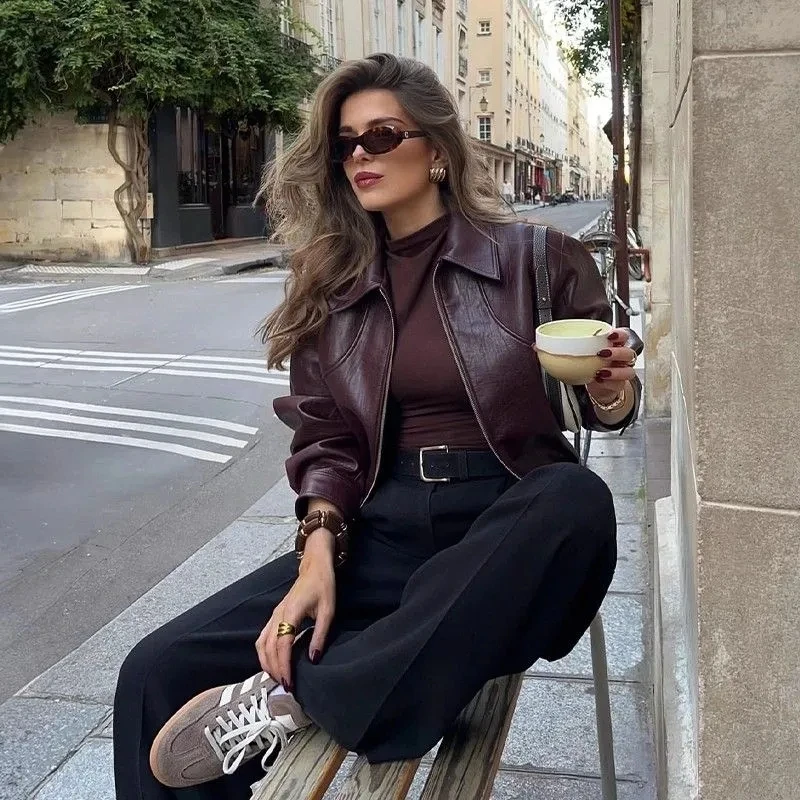 Veste en cuir pour femme printemps-automne 2026, nouvelle veste courte en cuir PU rétro bordeaux pour femme, veste décontractée à revers pour femme, veste en cuir