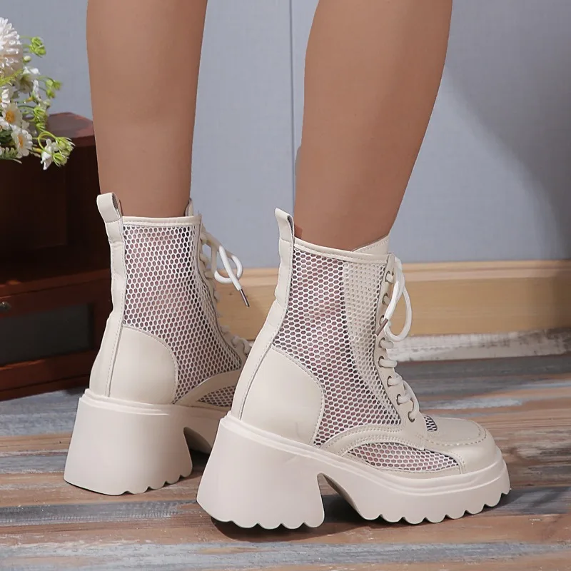 2024Summer New Fashion Thick High Heels Platform Cross-tied Sewing Cut Out Mesh Genuine Leather Women Ankle Short Modern Boots