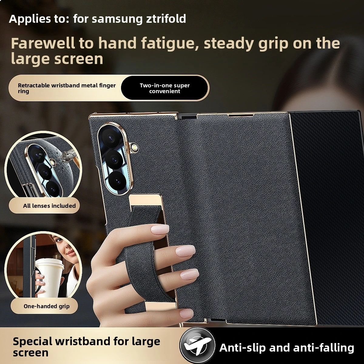 For Samsung Z-TriFold Magnetic Flip Phone Case with Wrist Strap, Nappa Leather Full Coverage Three-Fold Wallet Cover