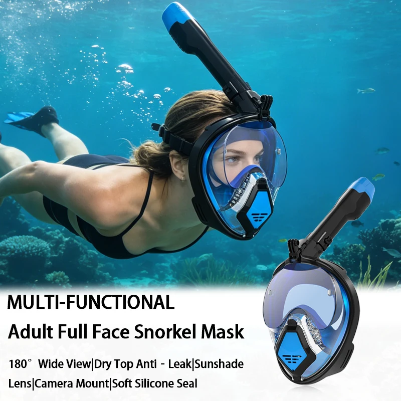 

Full Face Snorkel Diving Mask for Adults, 180° Wide View, Dry Top Breathing System, Anti-Leak, Sunshade Lens,Snorkeling Swimming