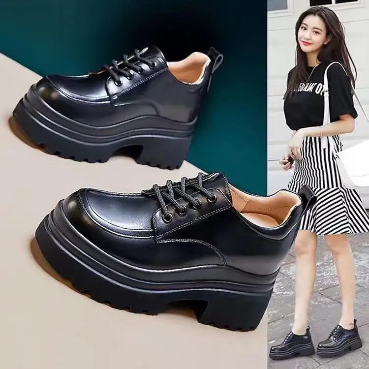 Cross Women's Shoes Round Toe Black Flats Increas Height Female Footwear Casual Sneaker British Style Oxfords Clogs Platform Dre