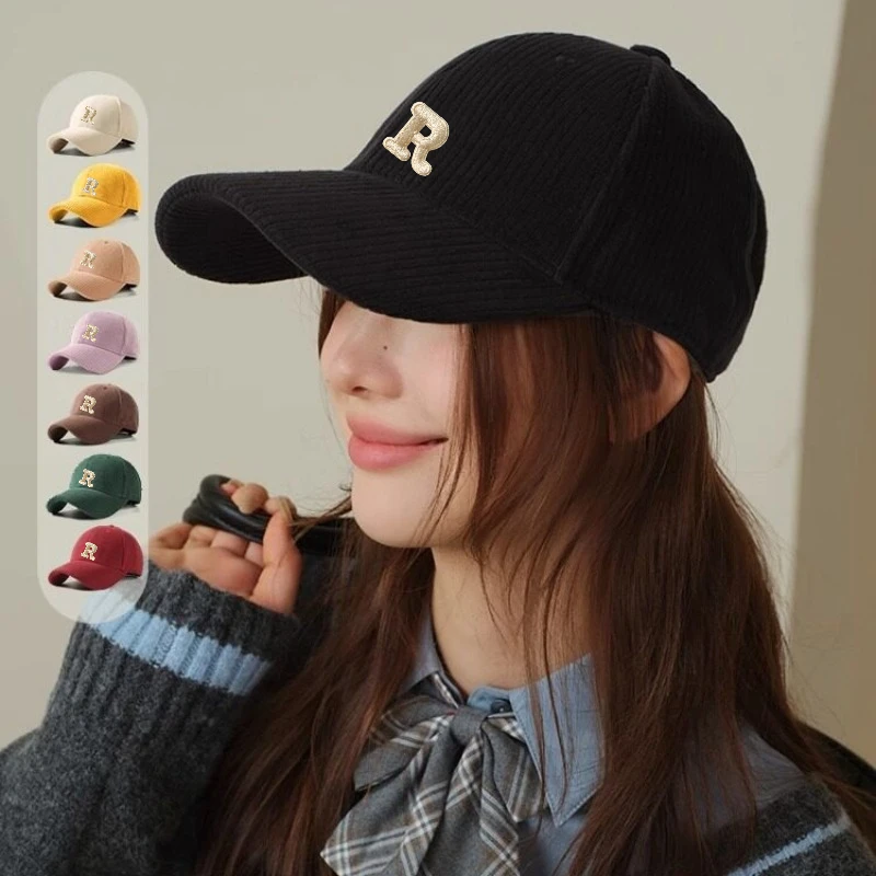 1pc Corduroy Baseball Cap with 3D Embroidered 'R' Letter Maillard Color Palette Adjustable Structured Hat Stylish Caps Accessory