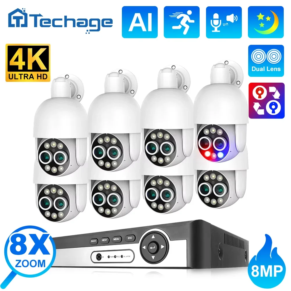 

Techage 8CH 8MP 4K PTZ POE Camera Security System 8X Zoom Dual Lens Camera Human Detect Record CCTV Surveillance Protection Kit