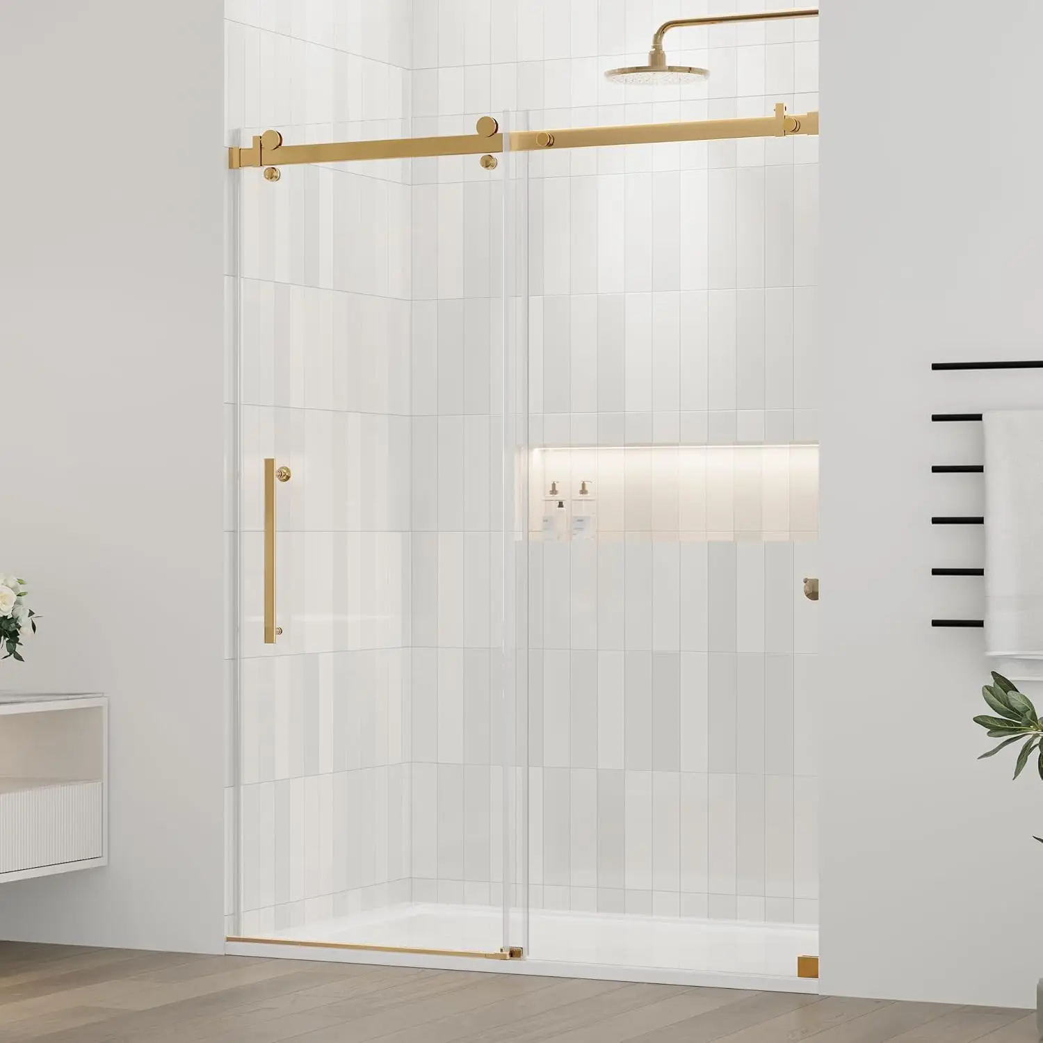 56-60.in W x 75.in H Frameless Shower Door Water Repellent Gold Shower Door with 5/16