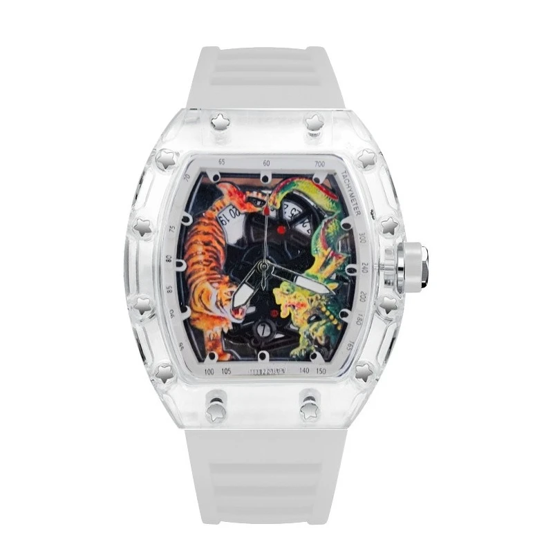 Fashion Dragon and Tiger Engraved Dial Tonneau Plastic Case Quartz Watch Men Luxury Waterproof Sport Watches Men Steel Men Watch