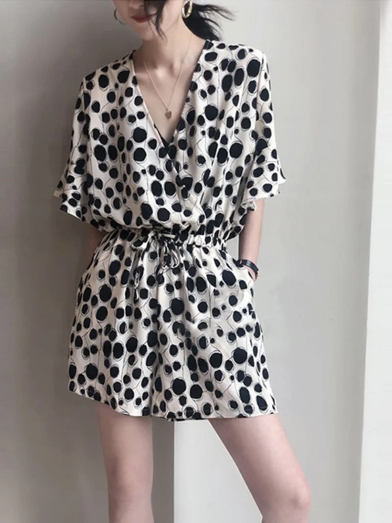 

Летний новый комплект: женские брюки с высокой талией и топ с V-образным вырезом в клетку и горошек, повседневный, удобный, в корейском стиле