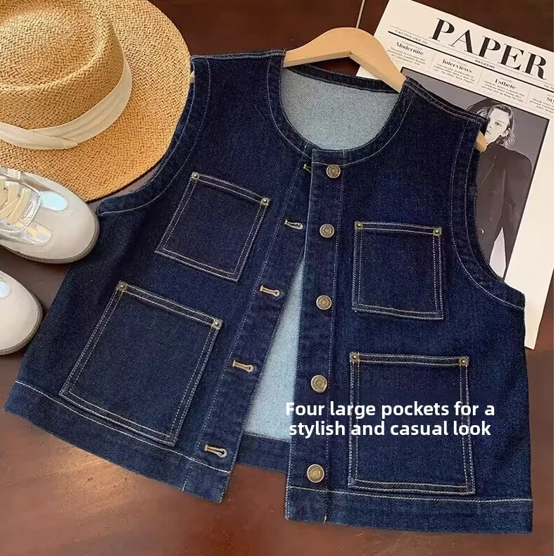 Faionable Deep Blue redondo Ne ort Denim Vest Feminino Verão High-End Sensation Layering Versátil Svel Tank Top Ja...