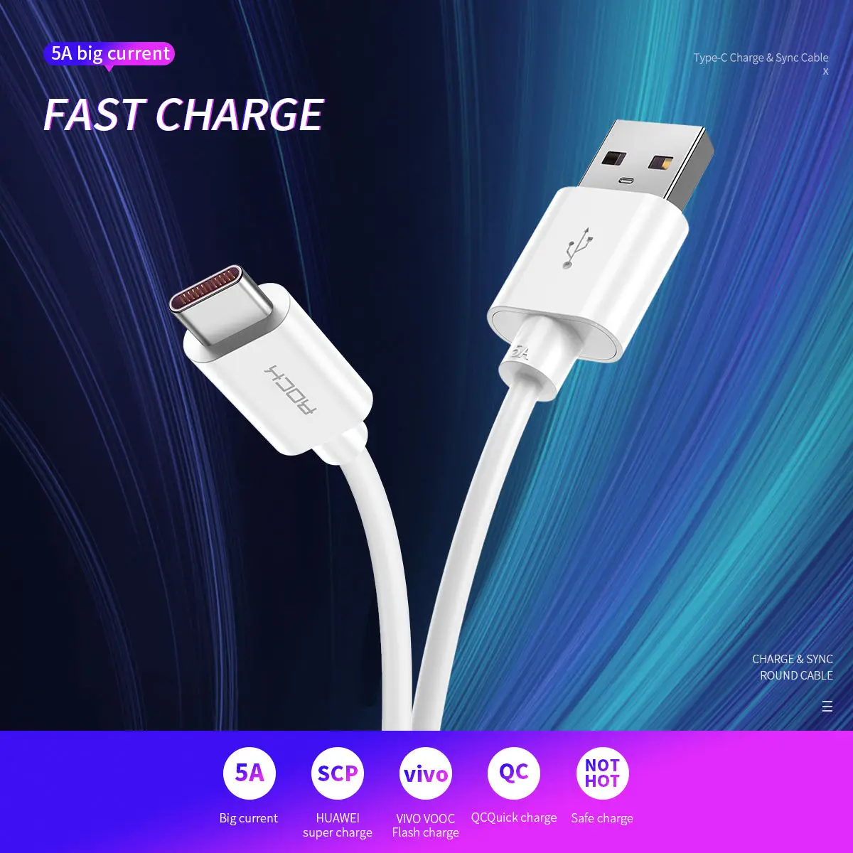 

Rock-USB type C cable for fast charging, 60W, 5A, for Xiaomi realme, Poco, Huawei P50, P40, P30 Pro