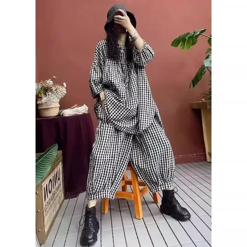 

Oversized Sets for Women Summer Trend Thin Loose Slimming Plaid Short Sleeved Blouses and Fashion Casual Pants Two Piece Set