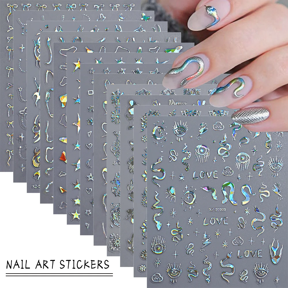 12 stuks 3D Y2K Laser Zilveren Strik Hart Ster Maan Nagelstickers Geometrische Nail Art Design Decals Zelfklevende Achterlijm Nageldecoratie*