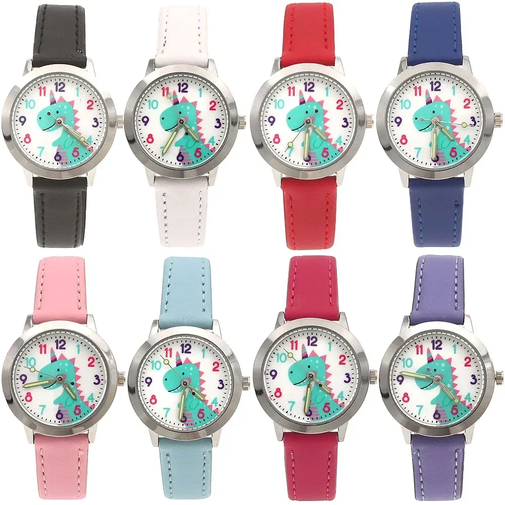 Girls Quartz Wristwatch Set 8Pcs Cartoon Leather Dinosaur Dial Unique Holiday Gifts for Kids And Students
