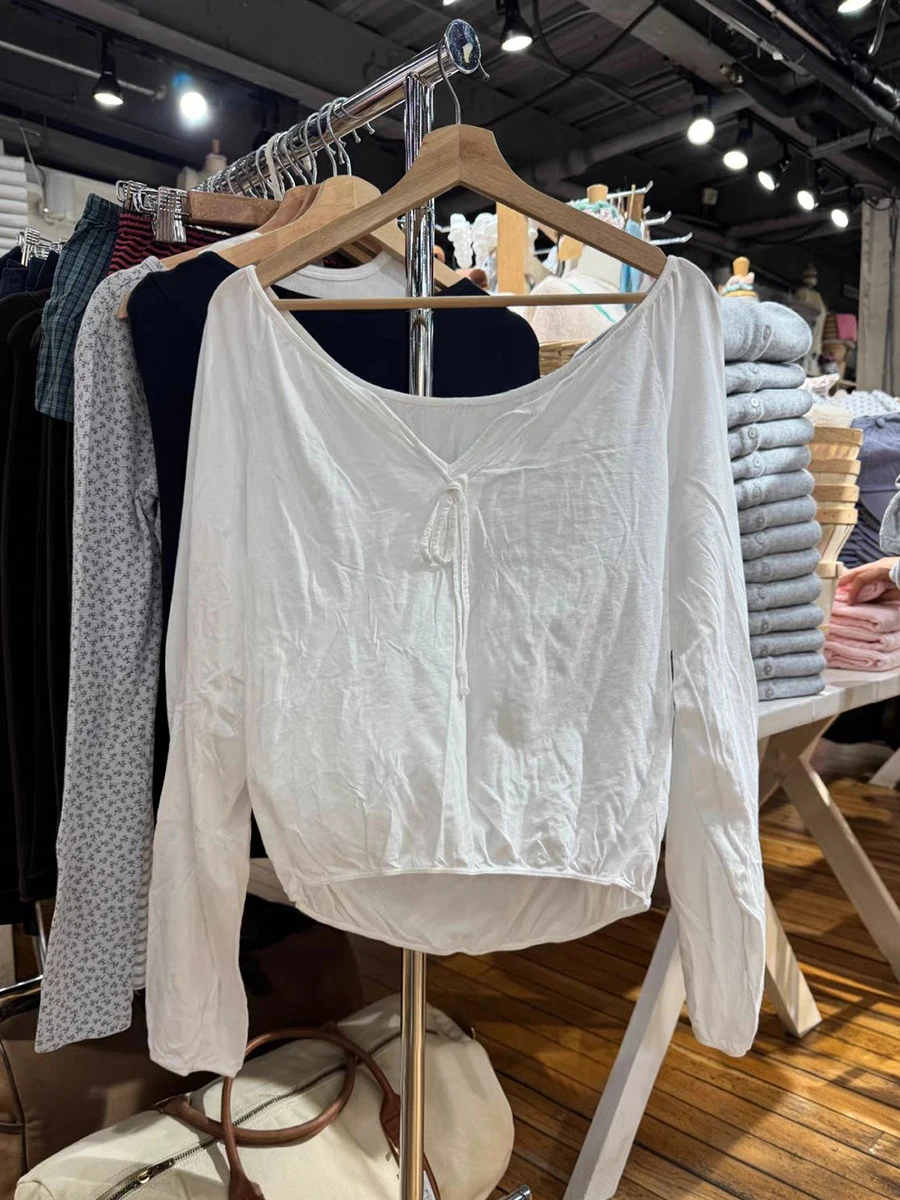 Lace-up White Thin Long Sleeve T-shirts Woman Autumn Scoop Neck Cotton Loose Smock Female Casual Simple Solid Tee Tops Y2k New