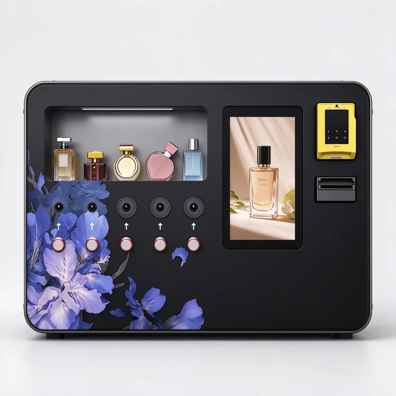 Fragrance Self Selling Kiosk Floor Standing Cabinet Integrated Cashless Reader For Shopping Arcade Perfume Dispensing Station