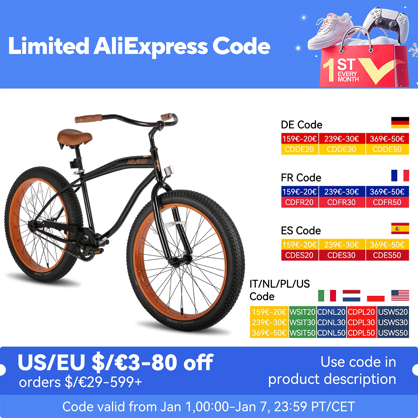 Hiland Adult Fat Tire Beach Cruiser Bike, Wide 26 x 3 Inch Wheels, Single Speed ​​Cruiser Bike with Coaster Brakes