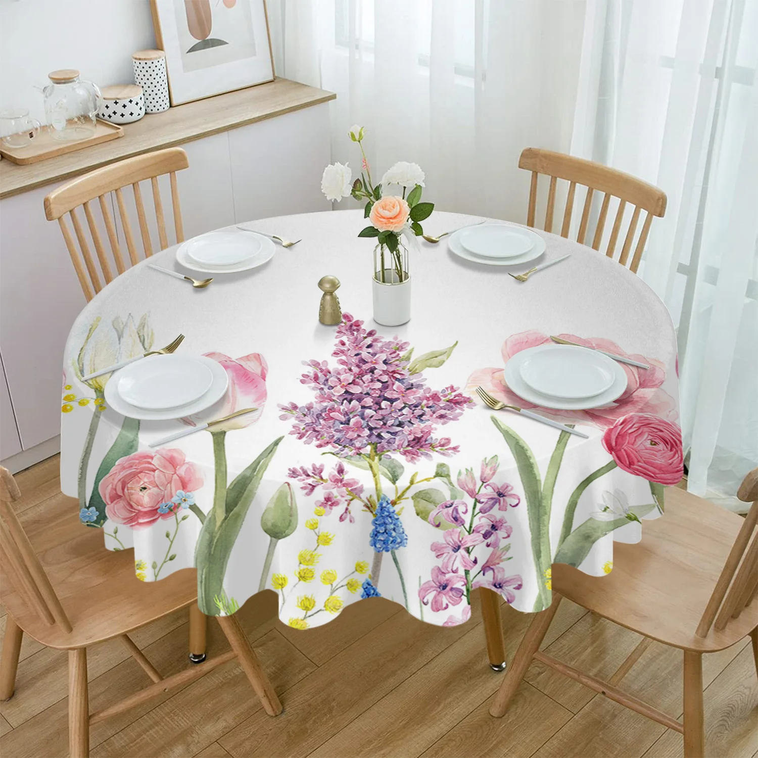 

Tulip Flower Plants In Spring Round Table Cloth Festival Dining Waterproof Tablecloth Table Cover for Wedding Party Decor