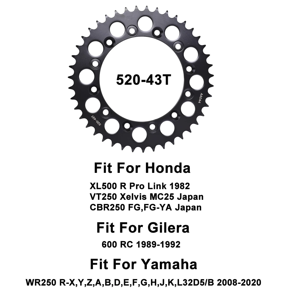 520 43T Motorcycle Rear Sprocket Gear For WR250 R 2008-2020 For Honda XL500R 1982 VT250 MC25 CBR250 For Gilera 600RC 1989-1992