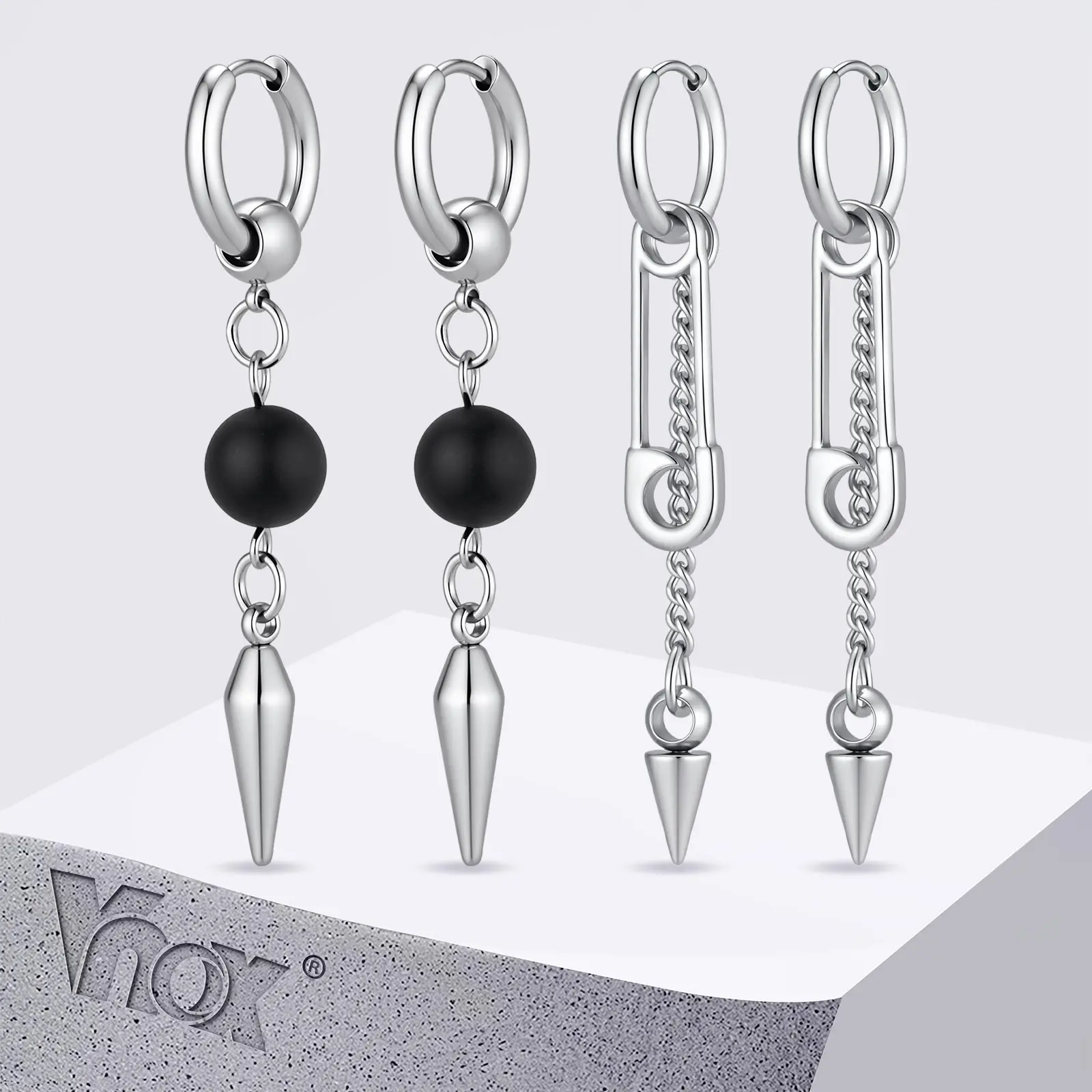 Vnox Punk Stainless Steel Hoop Earrings for Men, Black Bead Cone Spike Safety Pin Spike Dangle Drop Gothic Hip Hop Jewelry Gift