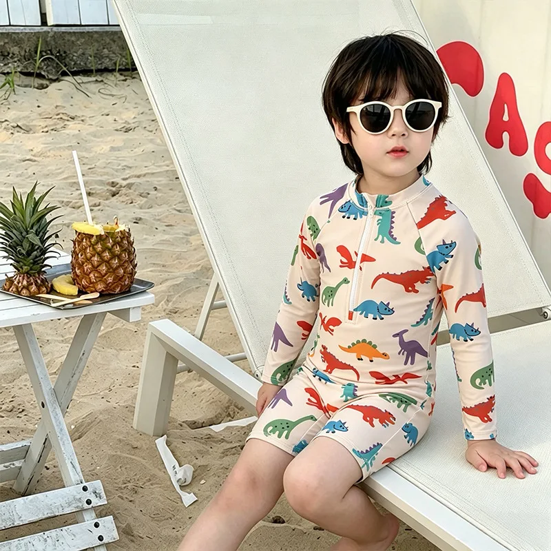 New Children's Long Sleeved One-piece Swimsuit, Sun Protection for Boys and Girls, Dinosaur Swimsuit, Beach Vacation Swimsuit
