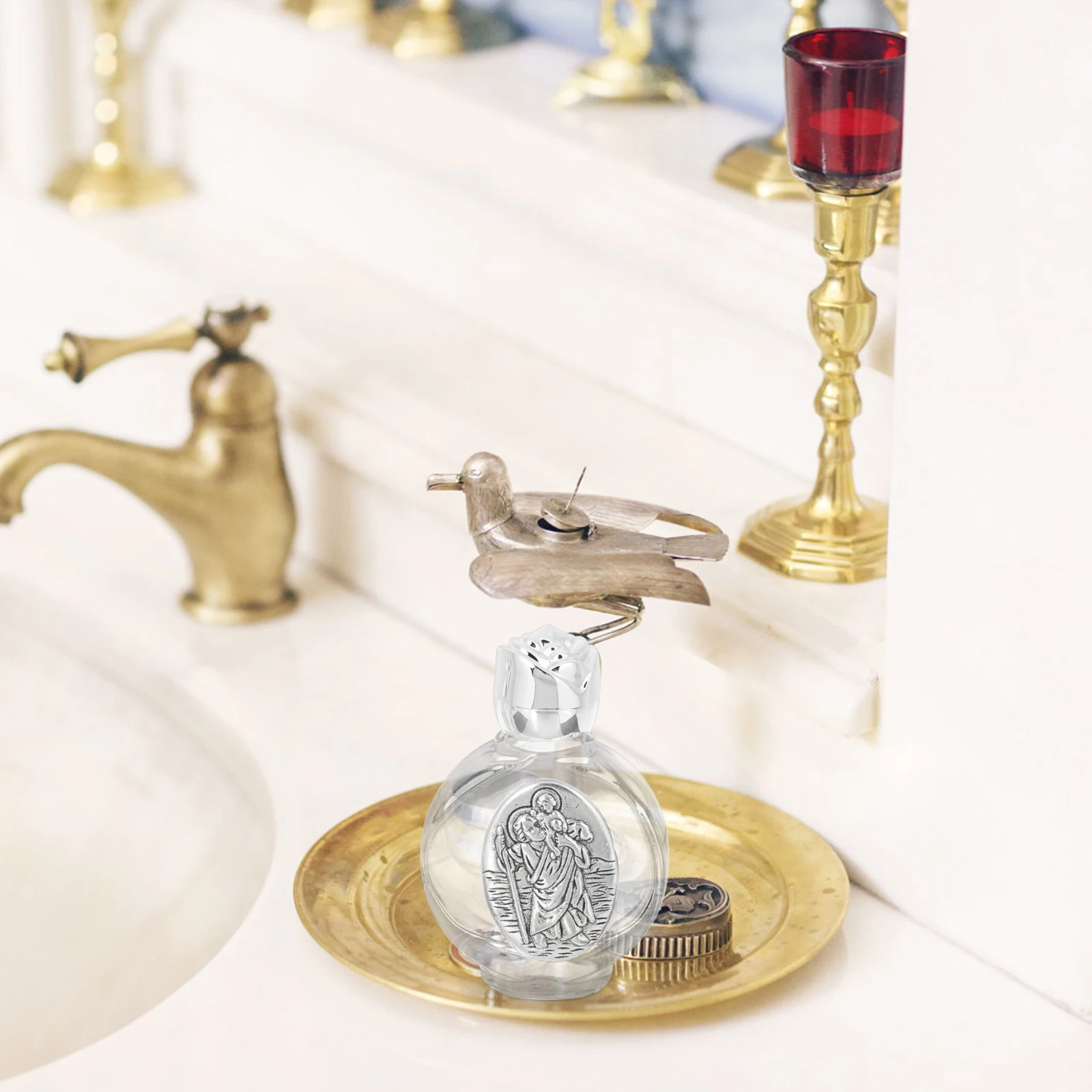 

2Pcs Metal Holy Water Bottle Portable Small Glass Bottles with Safety Cover for Baptism Wedding Blessing Decorations