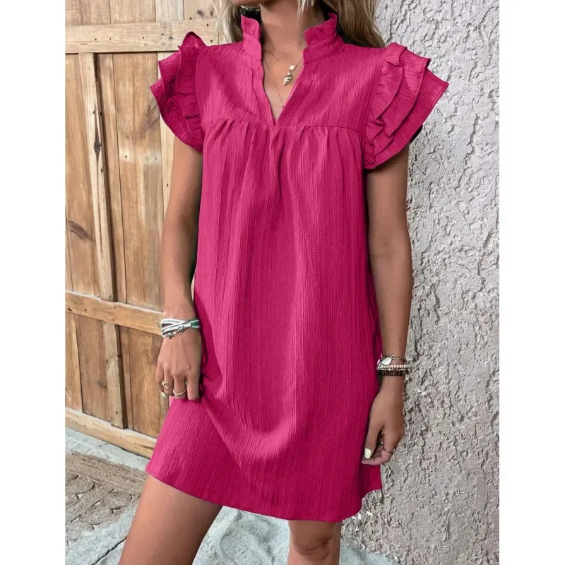Verão nova moda feminina vestido multi camadas plissado manga com decote em v pulôver vestidos sólidos feminino mini a linha vestidos