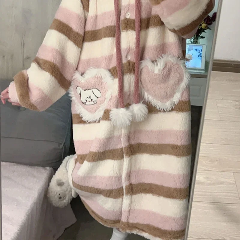 Girls Cute Cartoon Coral Velvet Hooded Long Robe Nightgown Female Winter Thickened Warm Plush Kawaii Home Sleepwear Bathrobe New