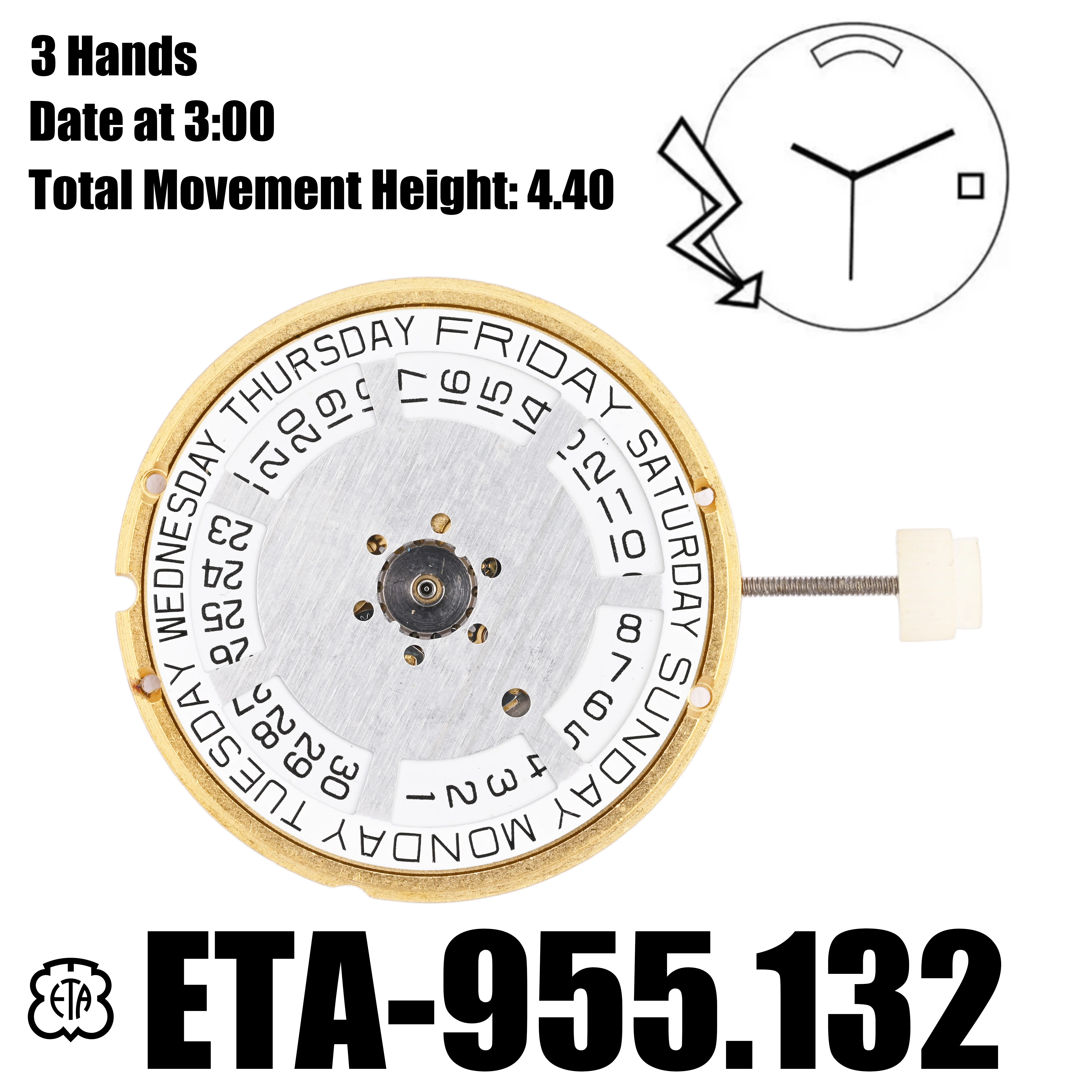 

955.132 Movement ETA 955.132 Movement Date-Day Disk On 12/3 Brand New Original movement