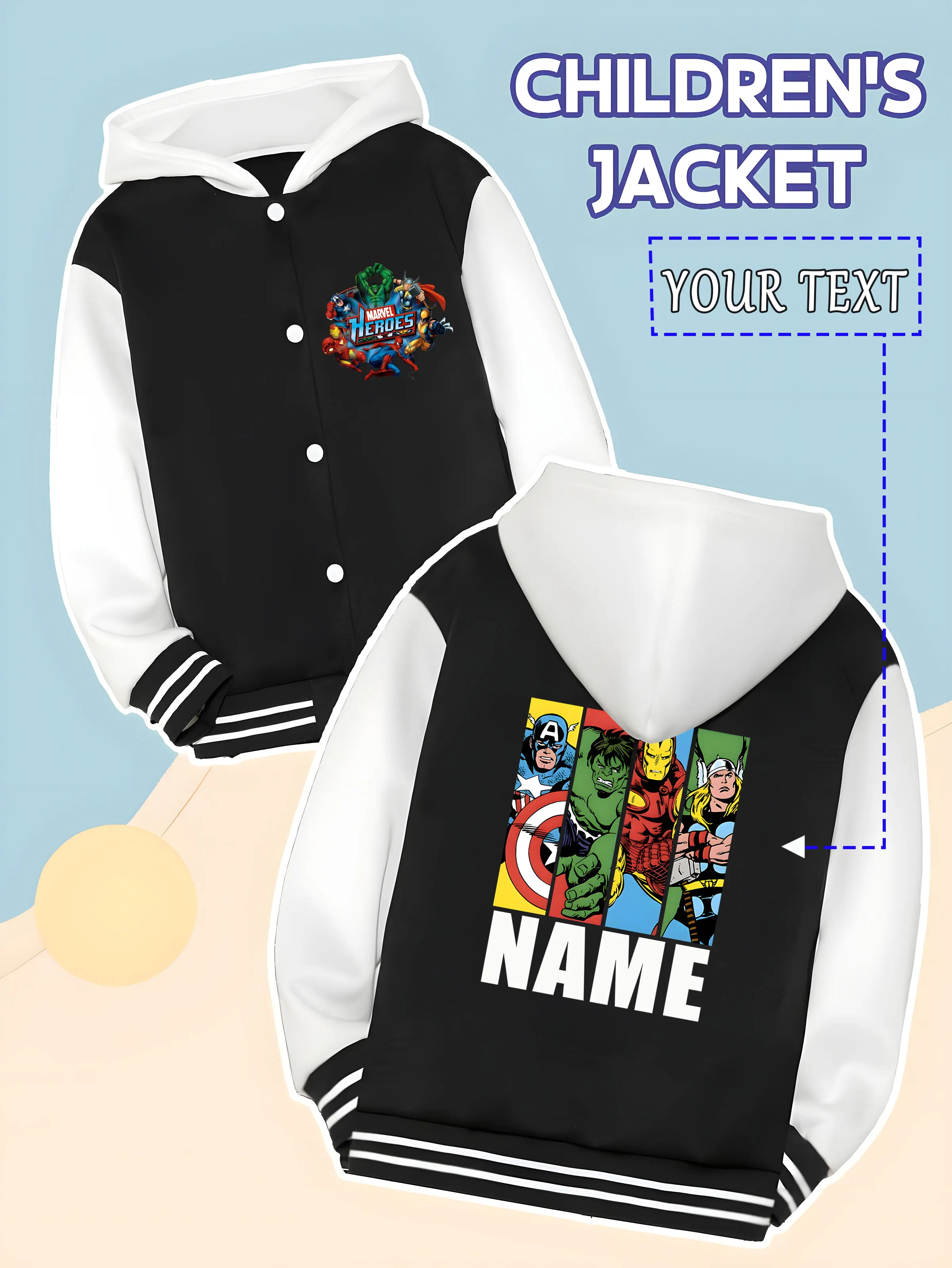 

MINISO Marvel Boys Baseball Jacket - Marvel Hero Jigsaw Puzzle Print, Colorful, Great for Spring and Autumn Leisure Sports, Suit