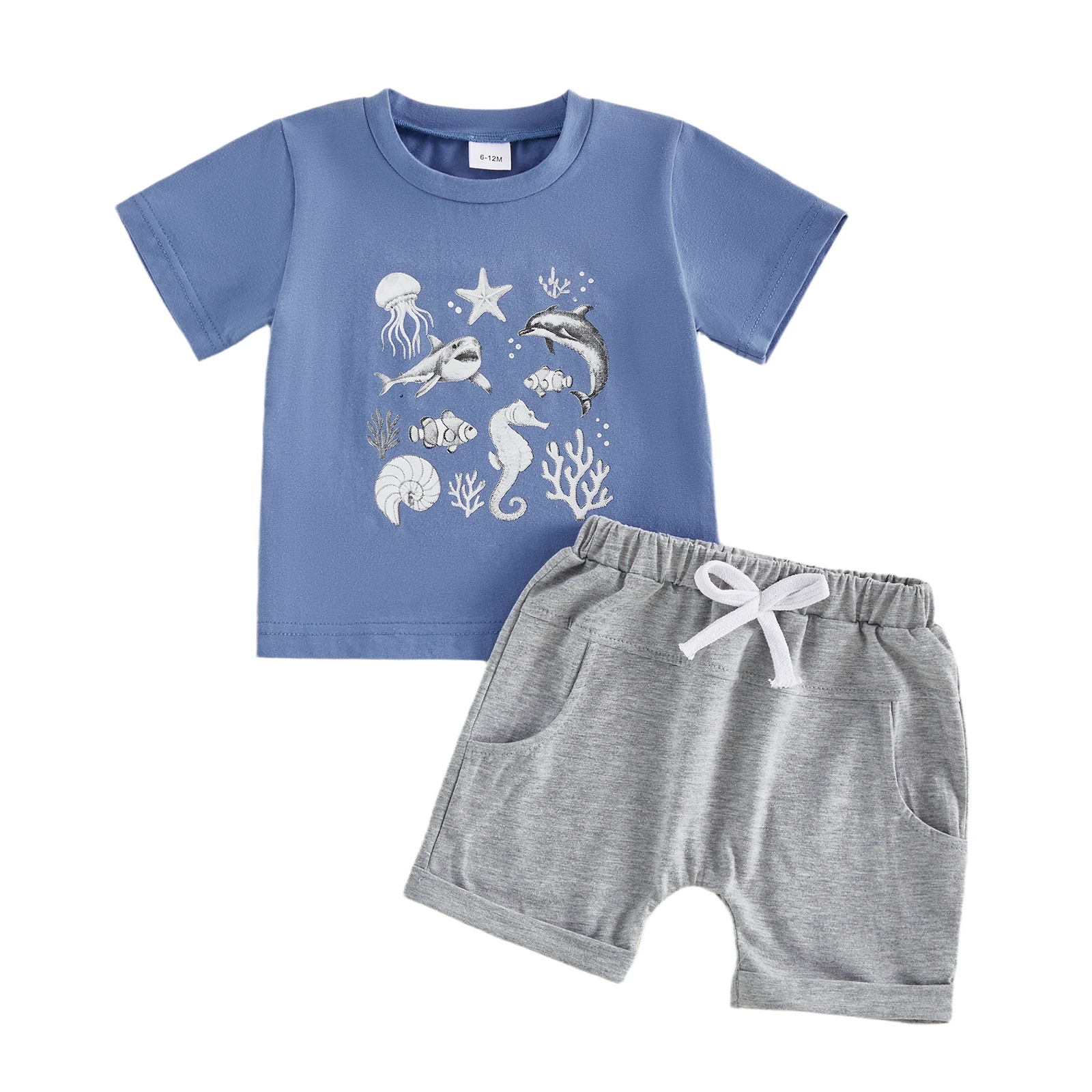 Boys Summer Shorts Sets Short Sleeve O Neck Sea Creature Print Tops and Solid Color Shorts