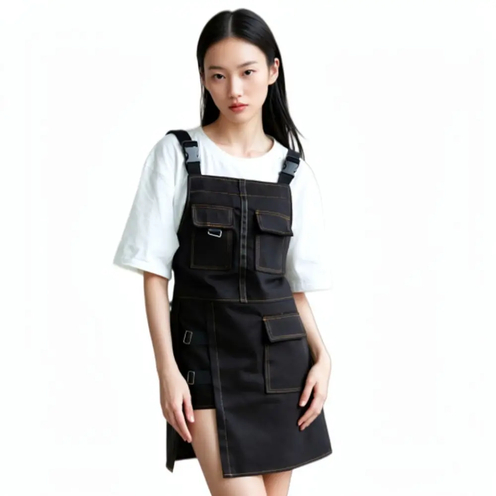 Adjustable Waterproof Bib Apron Canvas Denim Fabric Split Hem Work Uniform For Restaurant Kitchen Cooking Cafe Service