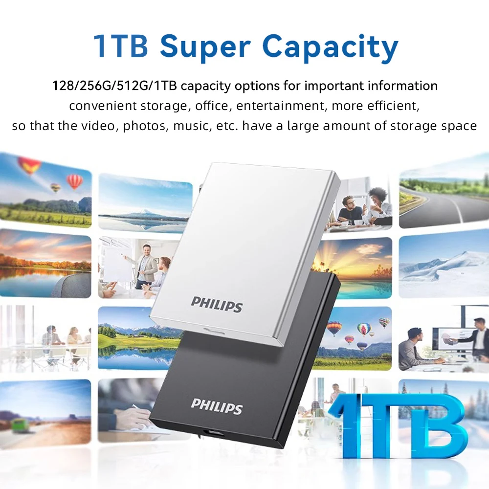 필립스 휴대용 SSD, 1TB 외장형 솔리드 스테이트 드라이브, 최대 속도 550MB/s, USB 3.2 Gen 2, 게임 및 학생용 안정적인 저장 장치