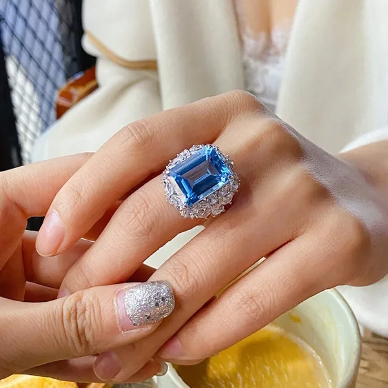 Luxury Sea Blue Simulation Mop Stone Sweet Temperament Princess Exquisite Square Shiny Open Ring Women's Banquet Jewelry