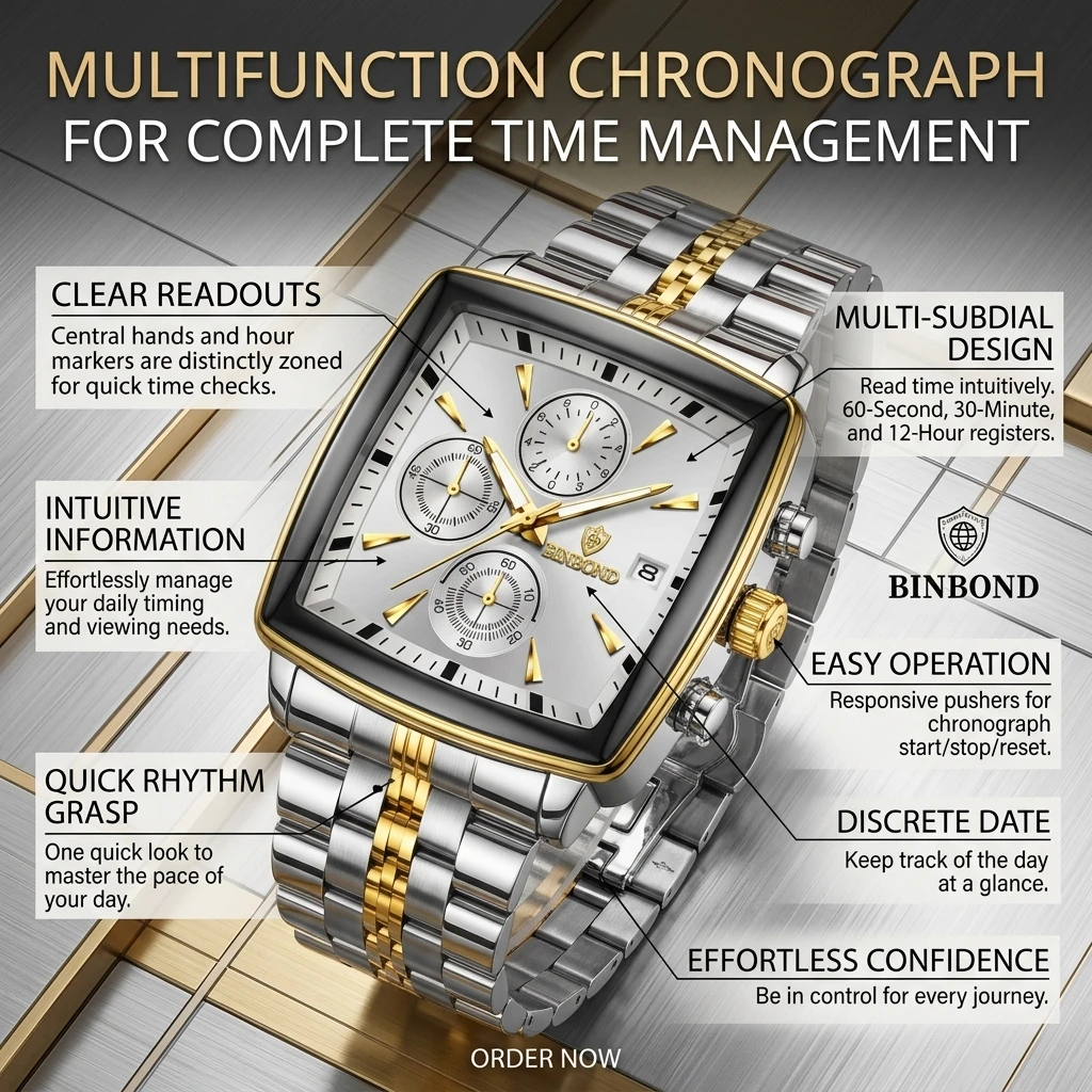 1 Piece Men's Watch with Square Dial and Two-Tone Metal Strap, Multi-Dial Chronograph Design, Simple, Stylish, Business